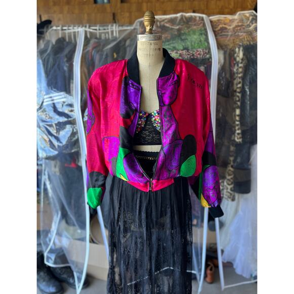 VTG 80s Multicolor Satin Bomber Jacket Colorblock Shoulder Pads OS
OS - Picture 2 of 4